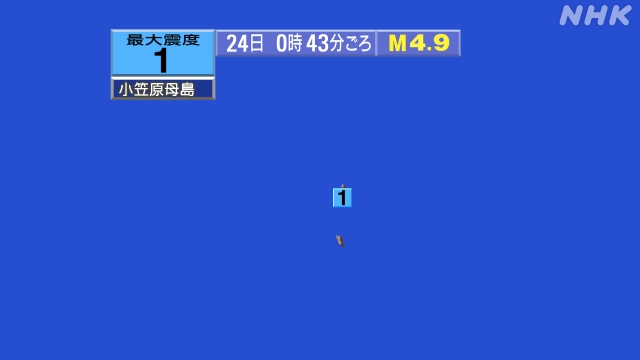 0時43分ごろ、Ｍ４．９　硫黄島近海 北緯25.3度　東経141