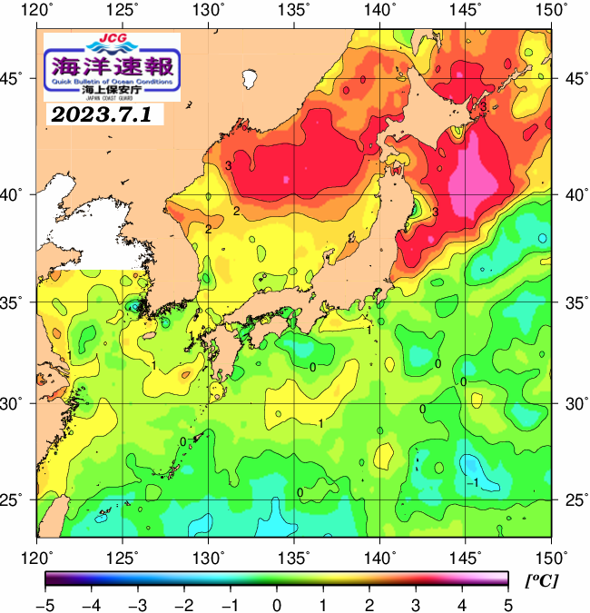 ７月１日の、海水表面温度（平年比）、 https://www1.