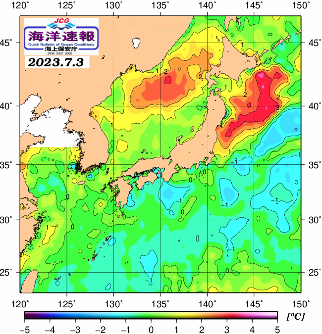 ７月３日の、海水表面温度（平年比）、 https://www1.
