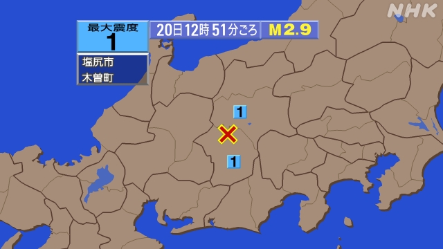 12時51分ごろ、Ｍ２．９　長野県南部 北緯35.9度　東経13