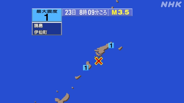 8時9分ごろ、Ｍ３．５　奄美大島近海 北緯27.9度　東経129