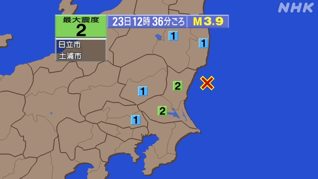 12時36分ごろ、Ｍ３．９　茨城県沖 北緯36.6度　東経141