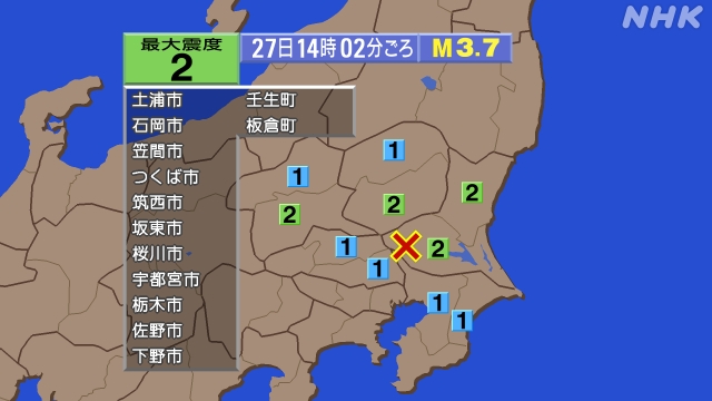 14時2分ごろ、Ｍ３．７　茨城県南部 北緯36.1度　東経139