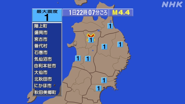 22時７分ごろ、Ｍ４．４　秋田県内陸北部 北緯40.2度　東経1