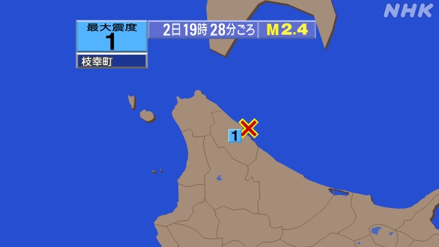 19時28分ごろ、Ｍ２．４　宗谷東方沿岸付近沖 北緯45.0度　