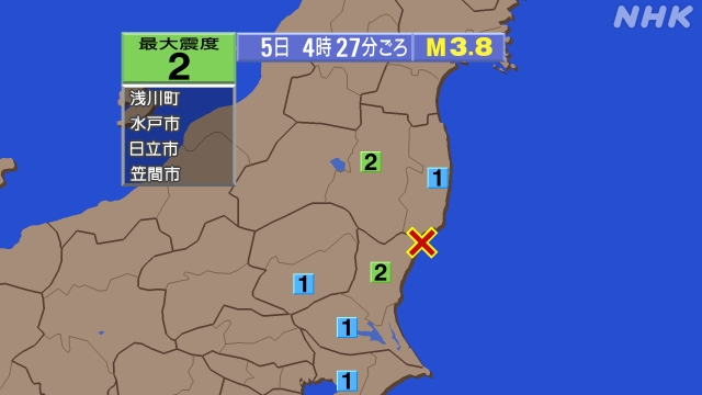 4時27分ごろ、Ｍ３．８　茨城県沖 北緯36.8度　東経140.
