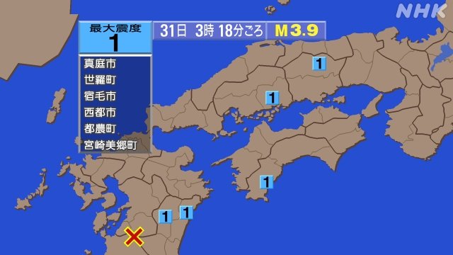 3時18分ごろ、Ｍ３．９　鹿児島県薩摩地方 北緯32.1度　東経