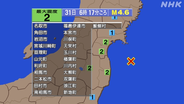 6時17分ごろ、Ｍ４．６　福島県沖 北緯37.3度　東経141.