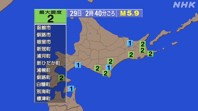 2時40分ごろ、Ｍ５．９　択捉島南東沖 北緯44.3度　東経14