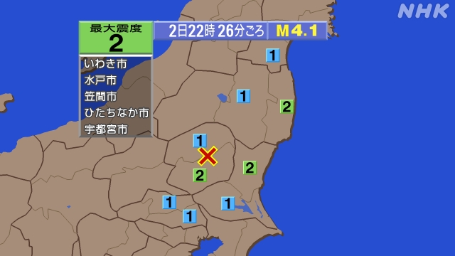 22時26分ごろ、Ｍ４．１　栃木県南部 北緯36.7度　東経13