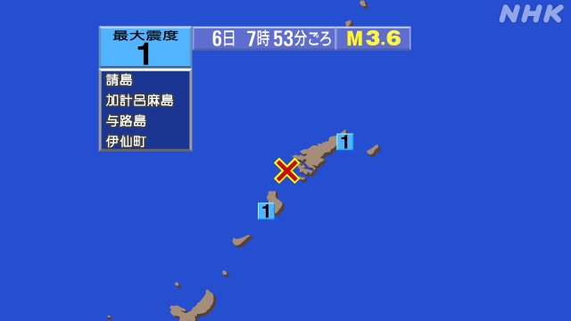 7時53分ごろ、Ｍ３．６　奄美大島近海 北緯28.1度　東経12