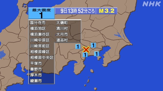 13時52分ごろ、Ｍ３．２　神奈川県西部 北緯35.5度　東経1