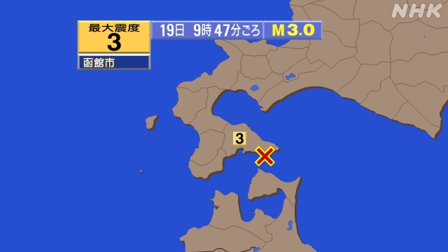 9時47分ごろ、Ｍ３．０　津軽海峡 北緯41.7度　東経141.
