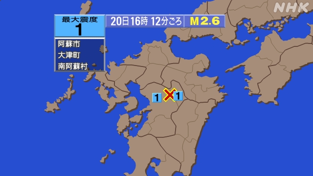 16時12分ごろ、Ｍ２．６　熊本県阿蘇地方 北緯32.9度　東経