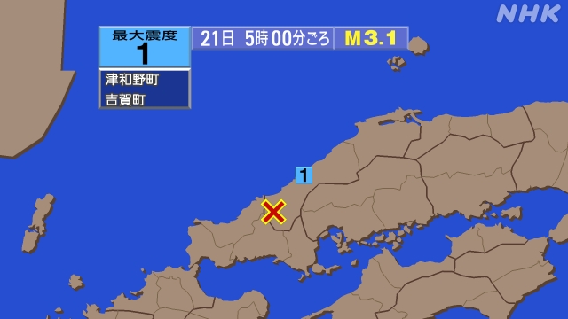 5時00分ごろ、Ｍ３．１　島根県西部 北緯34.5度　東経131