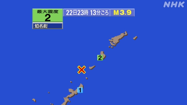 23時13分ごろ、Ｍ３．９　沖縄本島近海 北緯27.3度　東経1