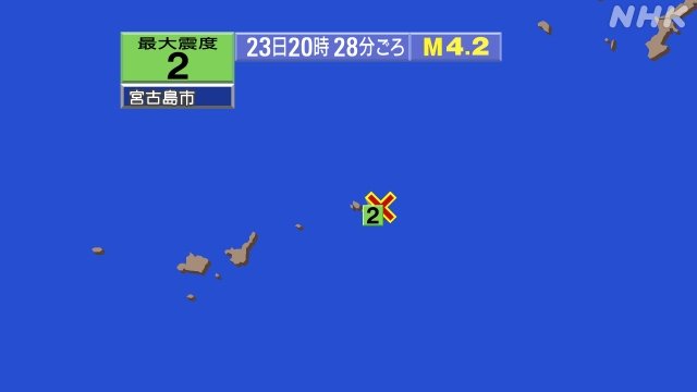 20時28分ごろ、Ｍ４．２　宮古島近海 北緯24.8度　東経12