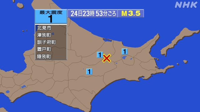 23時53分ごろ、Ｍ３．５　網走地方 北緯43.6度　東経143