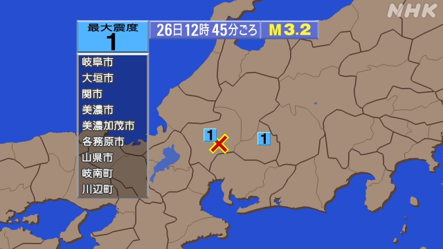12時45分ごろ、Ｍ３．２　岐阜県美濃中西部 北緯35.5度　東