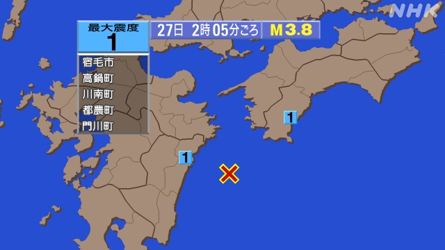 2時5分ごろ、Ｍ３．８　日向灘 北緯32.3度　東経132.2度