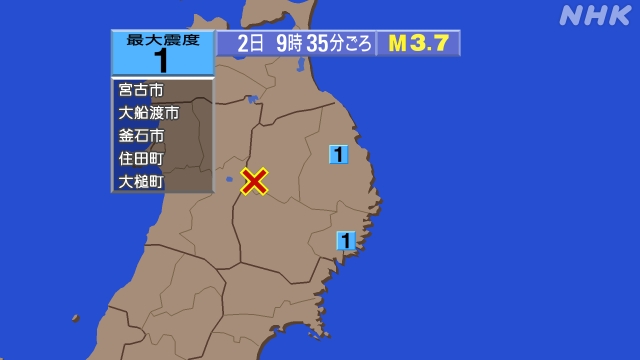 9時35分ごろ、Ｍ３．７　岩手県内陸北部 北緯39.7度　東経1