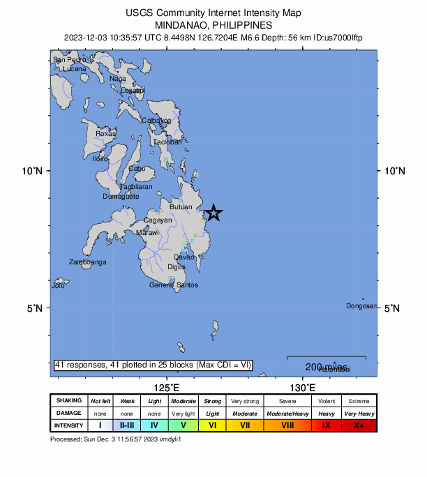 ＵＳＧＳ、19時35分57秒　Ｍ７．０→６．６　フィリピンミンダ