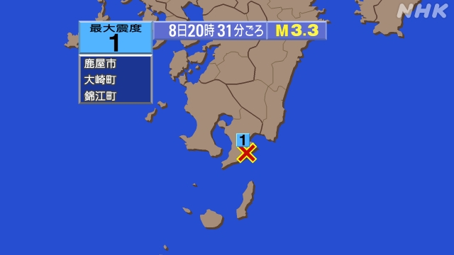 20時31分ごろ、Ｍ３．３　鹿児島県大隅地方 北緯31.2度　東