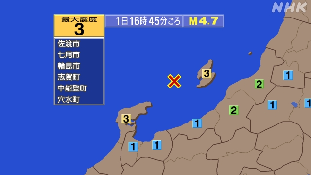 16時35分ごろ、Ｍ４．３　佐渡付近 北緯37.7度　東経137