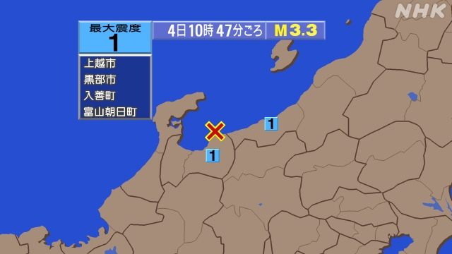 10時47分ごろ、Ｍ３．３　富山湾 北緯37.0度東経137.5