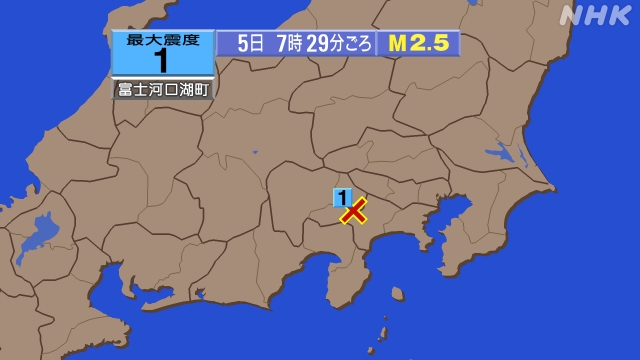 7時29分ごろ、Ｍ２．５　山梨県東部・富士五湖 北緯35.5度　