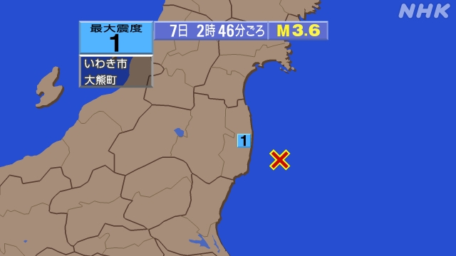 2時46分ごろ、Ｍ３．６　福島県沖 北緯37.1度　東経141.