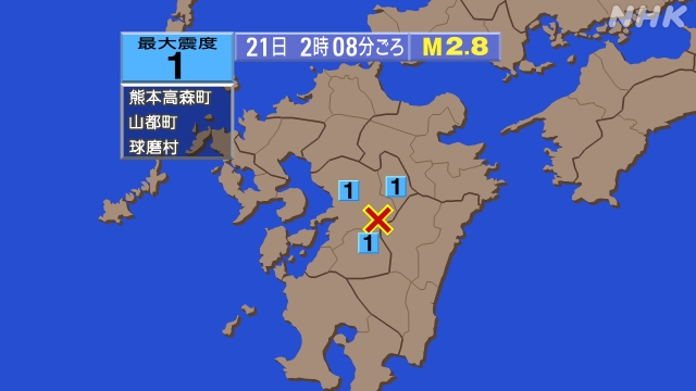 2時8分ごろ、Ｍ２．８　熊本県熊本地方 北緯32.6度　東経13