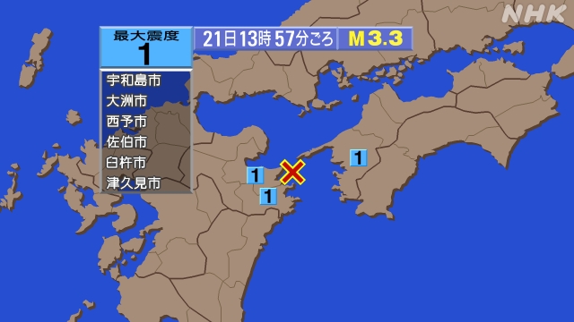 13時57分ごろ、Ｍ３．３　豊後水道 北緯33.2度　東経132