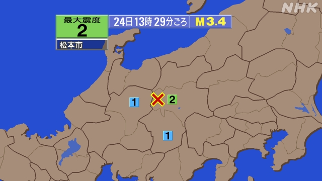 13時29分ごろ、Ｍ３．４　長野県中部 北緯36.2度　東経13