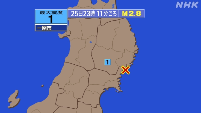 23時11分ごろ、Ｍ２．８　宮城県沖 北緯38.9度　東経141