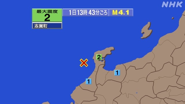 13時43分ごろ、Ｍ４．１　石川県西方沖 北緯37.0度　東経1