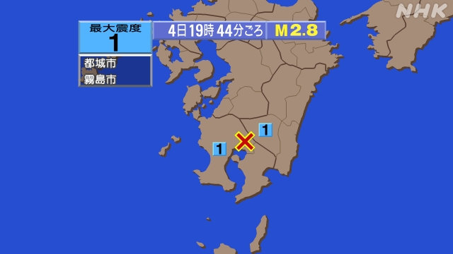 19時44分ごろ、Ｍ２．８　鹿児島県薩摩地方 北緯31.8度　東