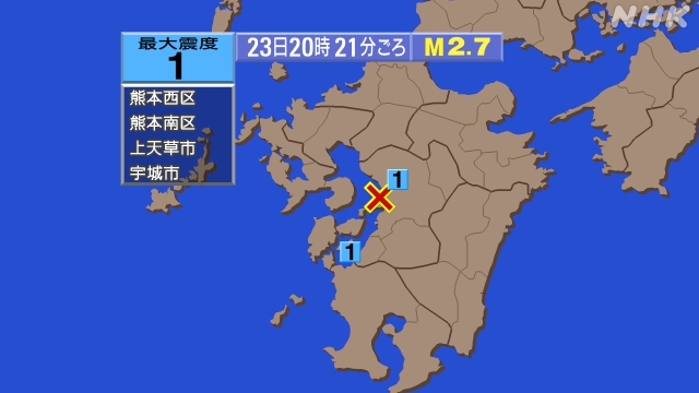 20時21分ごろ、Ｍ２．７　熊本県熊本地方 北緯32.7度　東経