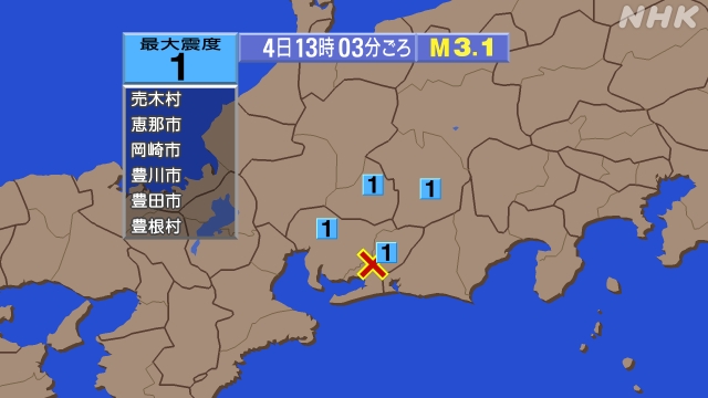 13時3分ごろ、Ｍ３．１　愛知県西部 北緯34.9度　東経137