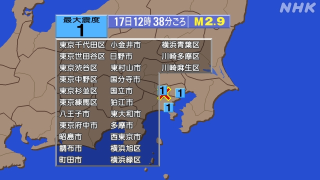 12時38分ごろ、Ｍ２．９　神奈川県東部 北緯35.6度　東経1