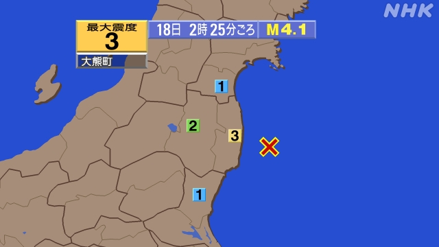 2時25分ごろ、Ｍ４．１　福島県沖 北緯37.2度　東経141.