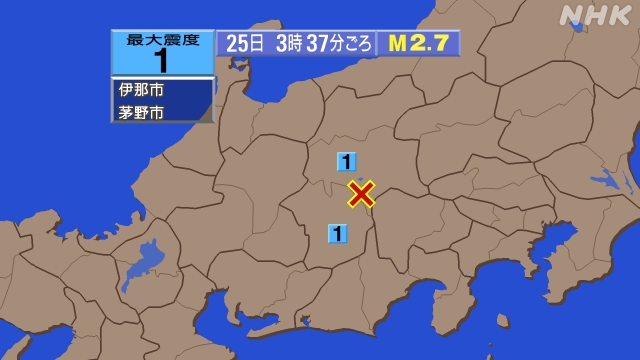 3時37分ごろ、Ｍ２．７　長野県南部 北緯35.9度　東経138