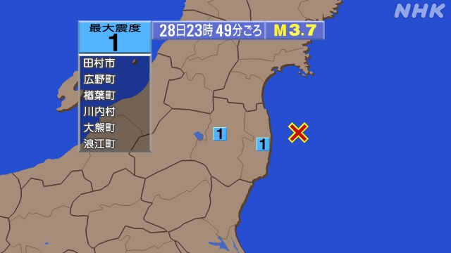 23時49分ごろ、Ｍ３．７　福島県沖 北緯37.5度　東経141