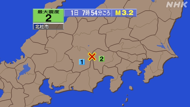 7時54分ごろ、Ｍ３．２　山梨県中・西部 北緯35.7度　東経1