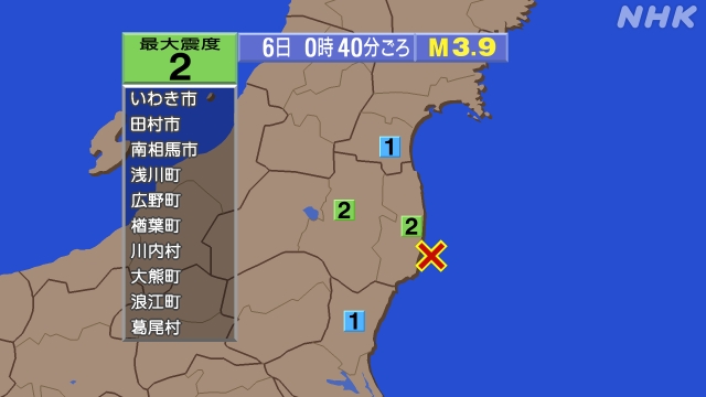 0時40分ごろ、Ｍ３．９　福島県沖 北緯37.1度　東経141.