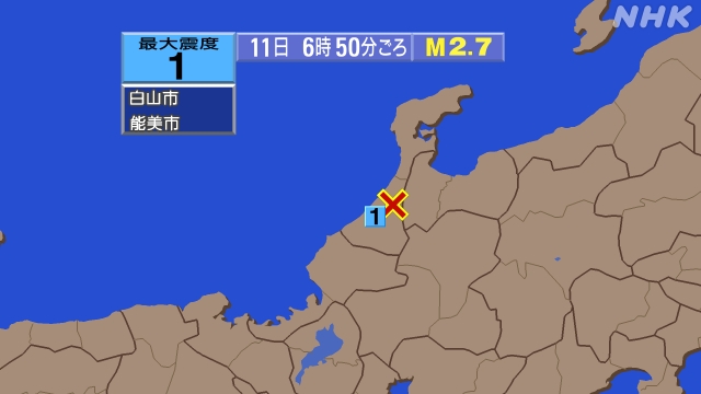 6時50分ごろ、Ｍ２．７　石川県加賀地方 北緯36.5度　東経1