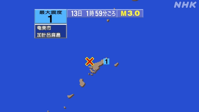 1時59分ごろ、Ｍ３．０　奄美大島近海 北緯28.4度　東経12