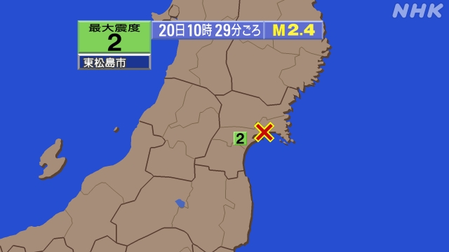 10時29分ごろ、Ｍ２．４　宮城県中部 北緯38.4度　東経14