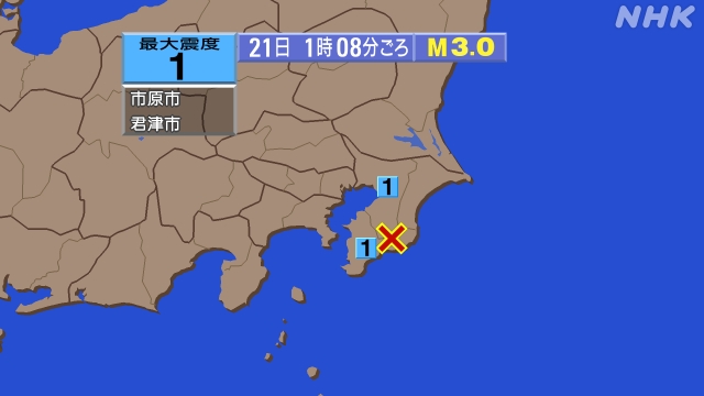 1時8分ごろ、Ｍ３．０　千葉県南部 北緯35.2度　東経140.
