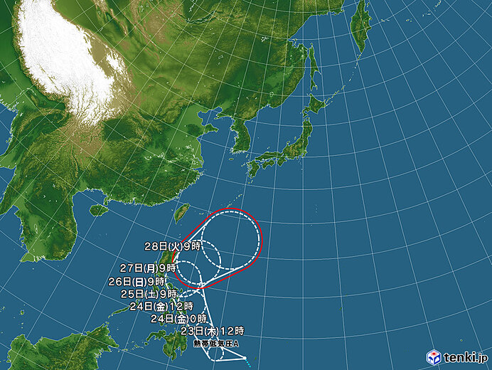 日本の遥か南のカロリン諸島の海上の熱帯低気圧、明日９時までに台風